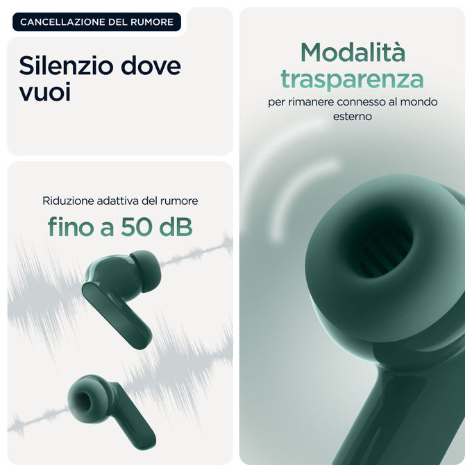 Motorola Moto Buds Bass, auricolari true wireless in-ear, cancellazione attiva del rumore, driver 12,4 mm, bluetooth 5.3, verde Posy