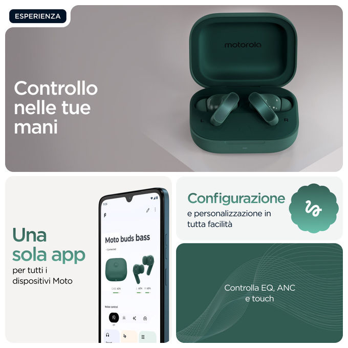 Motorola Moto Buds Bass, auricolari true wireless in-ear, cancellazione attiva del rumore, driver 12,4 mm, bluetooth 5.3, verde Posy