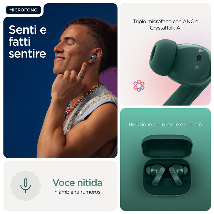 Motorola Moto Buds Bass, auricolari true wireless in-ear, cancellazione attiva del rumore, driver 12,4 mm, bluetooth 5.3, verde Posy