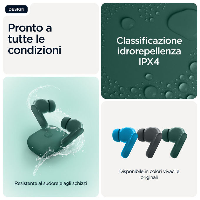 Motorola Moto Buds Bass, auricolari true wireless in-ear, cancellazione attiva del rumore, driver 12,4 mm, bluetooth 5.3, verde Posy
