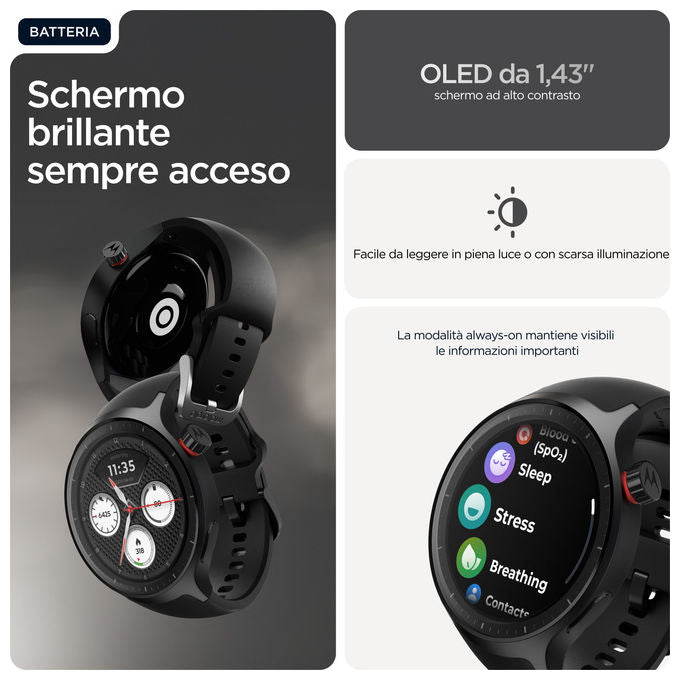 Motorola Moto Watch smartwatch 47 mm, display OLED 1.43'', GPS dual frequency, cardiofrequenzimetro, IP68, autonomia 13 giorni, nero