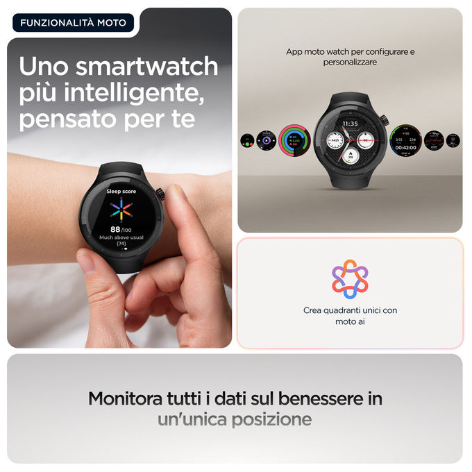 Motorola Moto Watch smartwatch 47 mm, display OLED 1.43'', GPS dual frequency, cardiofrequenzimetro, IP68, autonomia 13 giorni, nero