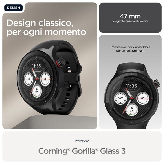 Motorola Moto Watch smartwatch 47 mm, display OLED 1.43'', GPS dual frequency, cardiofrequenzimetro, IP68, autonomia 13 giorni, nero