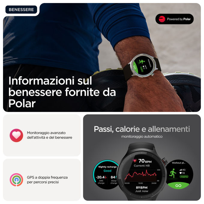 Motorola Moto Watch smartwatch 47 mm, display OLED 1.43'', GPS dual frequency, cardiofrequenzimetro, IP68, autonomia 13 giorni, nero