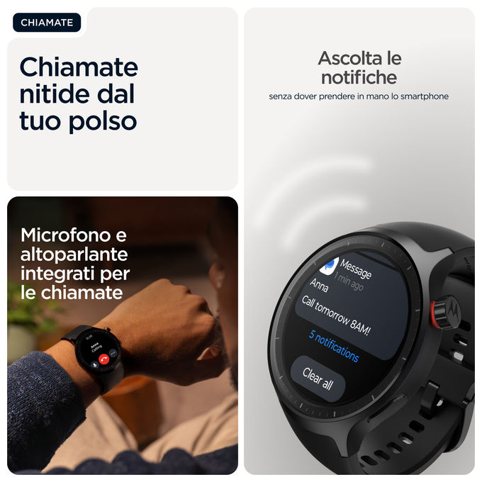 Motorola Moto Watch smartwatch 47 mm, display OLED 1.43'', GPS dual frequency, cardiofrequenzimetro, IP68, autonomia 13 giorni, nero