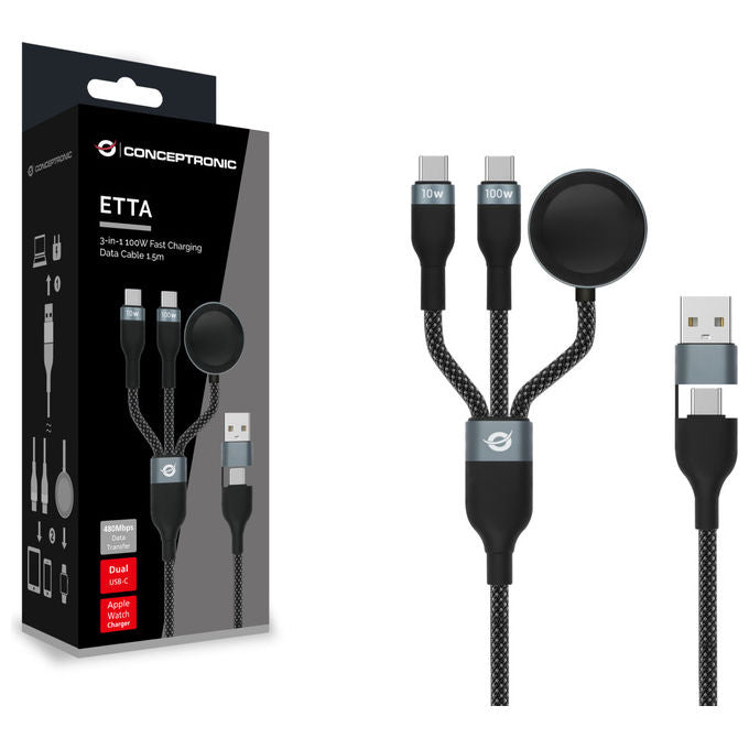 Conceptronic cavo USB 2.0, USB-A a 2x USB-C, 1,5 m, ricarica rapida 100 W, 480 Mbps, nero