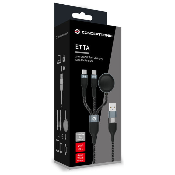 Conceptronic cavo USB 2.0, USB-A a 2x USB-C, 1,5 m, ricarica rapida 100 W, 480 Mbps, nero