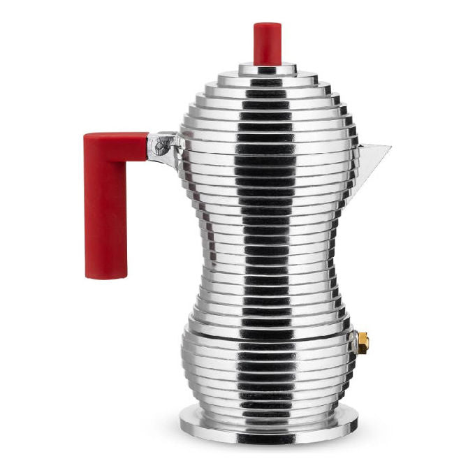 Alessi Pulcina caffettiera espresso moka 1 tazza, alluminio, manico rosso, beccuccio a V, made in Italy