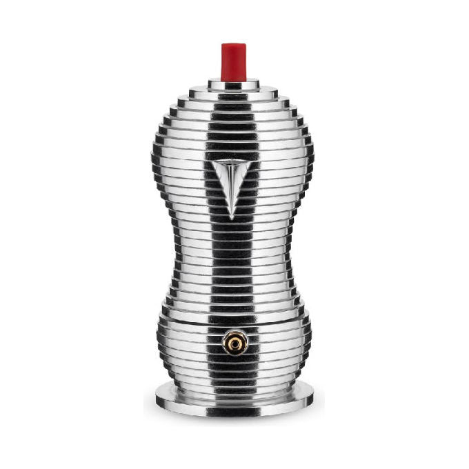Alessi Pulcina caffettiera espresso moka 1 tazza, alluminio, manico rosso, beccuccio a V, made in Italy