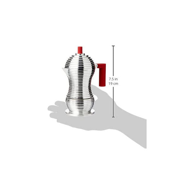 Alessi Pulcina caffettiera espresso moka 1 tazza, alluminio, manico rosso, beccuccio a V, made in Italy
