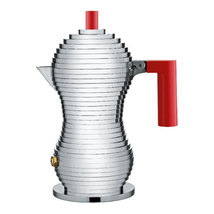 Alessi Pulcina caffettiera espresso moka 1 tazza, alluminio, manico rosso, beccuccio a V, made in Italy