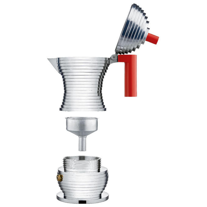 Alessi Pulcina caffettiera espresso moka 1 tazza, alluminio, manico rosso, beccuccio a V, made in Italy