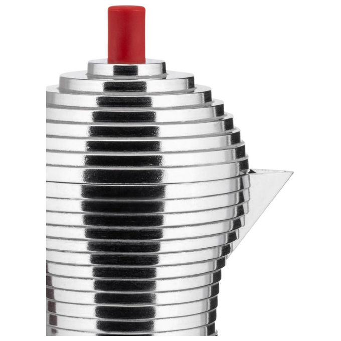 Alessi Pulcina caffettiera espresso moka 1 tazza, alluminio, manico rosso, beccuccio a V, made in Italy