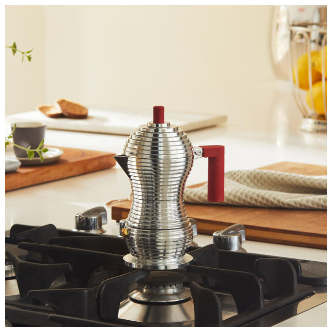 Alessi Pulcina caffettiera espresso moka 1 tazza, alluminio, manico rosso, beccuccio a V, made in Italy