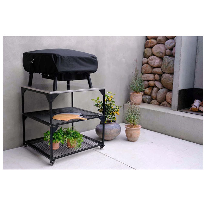 Witt tavolo da pizza XL con ruote, piano in acciaio inossidabile, struttura nera, 80x80x90 cm, 2 ripiani