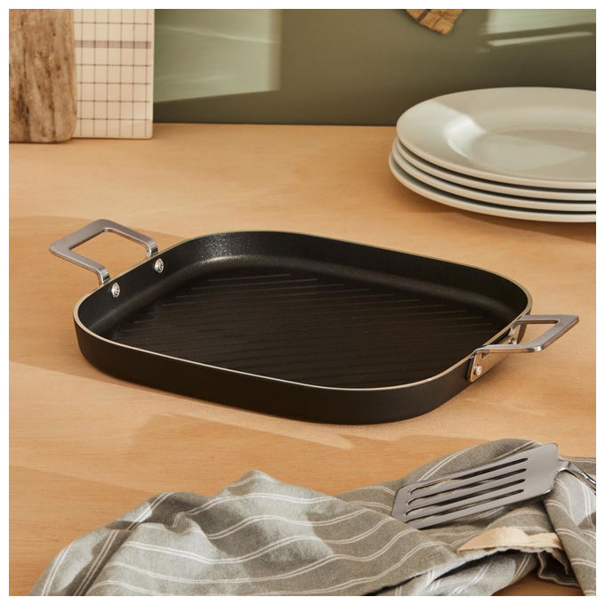 Alessi bistecchiera grill Pots and Pans 29x29 cm, antiaderente ceramico, induzione, alluminio, manici acciaio inox, nera