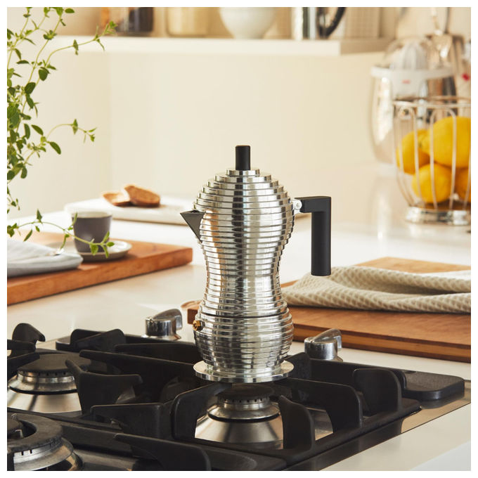 Alessi caffettiera moka Pulcina MDL02-3 B, 3 tazze, fusione di alluminio, beccuccio antigoccia, design Michele De Lucchi, nera