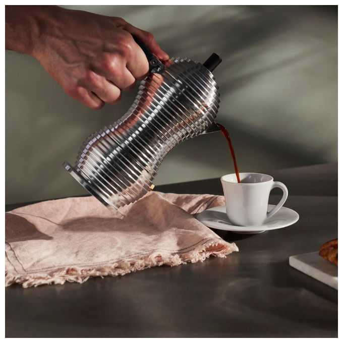 Alessi caffettiera moka Pulcina MDL02-3 B, 3 tazze, fusione di alluminio, beccuccio antigoccia, design Michele De Lucchi, nera
