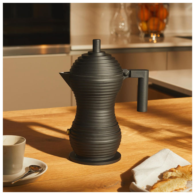 Alessi Pulcina caffettiera moka espresso, design Michele De Lucchi, alluminio, 3 tazze, nera