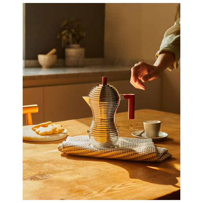 Alessi MDL02-3 R Pulcina Caffettiera Moka 3 Tazze Alluminio Beccuccio Antigoccia colore Rosso