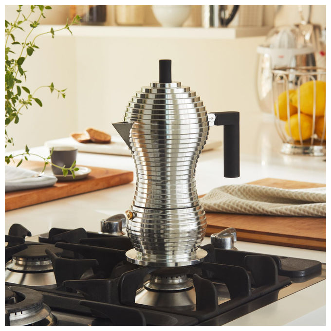 Alessi Pulcina caffettiera espresso 6 tazze, alluminio, manico e pomolo in PA nero, MDL02-6 B