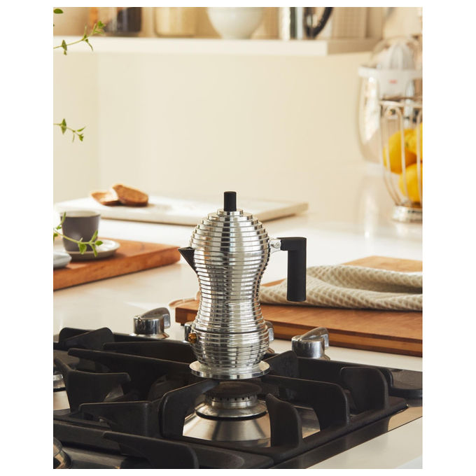 Alessi Pulcina caffettiera espresso per induzione, 6 tazze, alluminio, manico in PA, beccuccio a V, design Michele De Lucchi, nero