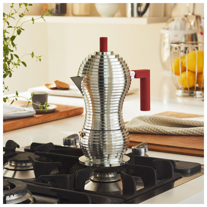 Alessi Pulcina caffettiera moka espresso, MDL02-6 R, fusione di alluminio, rosso, 6 tazze, design Michele De Lucchi