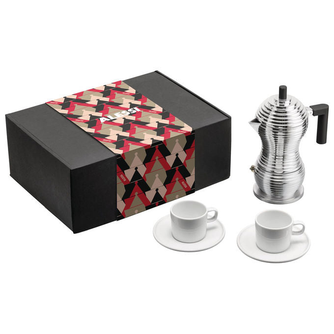 Alessi set caffettiera Pulcina MDL02BSET, 3 tazze, alluminio pressofuso, adatta induzione, con 2 tazze e piattini in porcellana