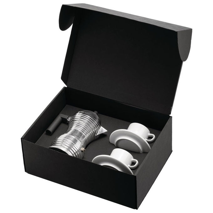 Alessi set caffettiera Pulcina MDL02BSET, 3 tazze, alluminio pressofuso, adatta induzione, con 2 tazze e piattini in porcellana