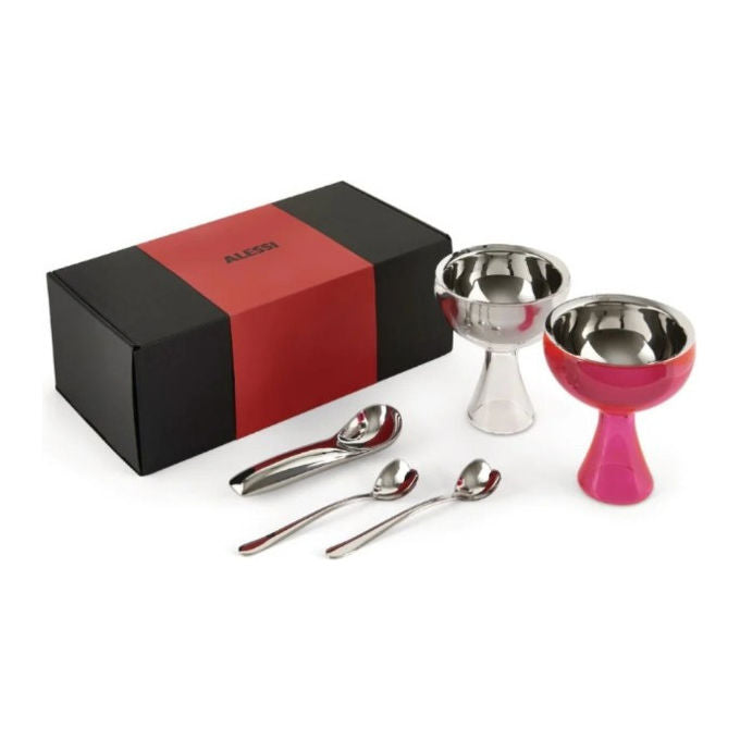 Alessi set gelato regalo, 2 coppe in PMMA fucsia e ghiaccio, 2 ciotole acciaio inox 18-10, cucchiaini e spatola Koki