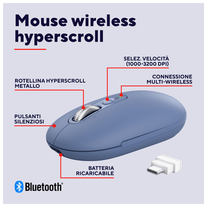Trust Seron mouse wireless Bluetooth, hyperscroll slim, silenzioso, ricaricabile, multi-dispositivo, 65% plastica riciclata, blu