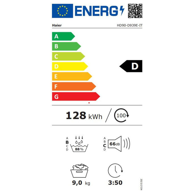 Haier HD90-D939-IT I-Pro Series 3 Asciugatrice Pompa di Calore 9 Kg Classe D I-Refresh Pro 64 dB IoT APP hON (85x60x62.5 cm) colore Bianco