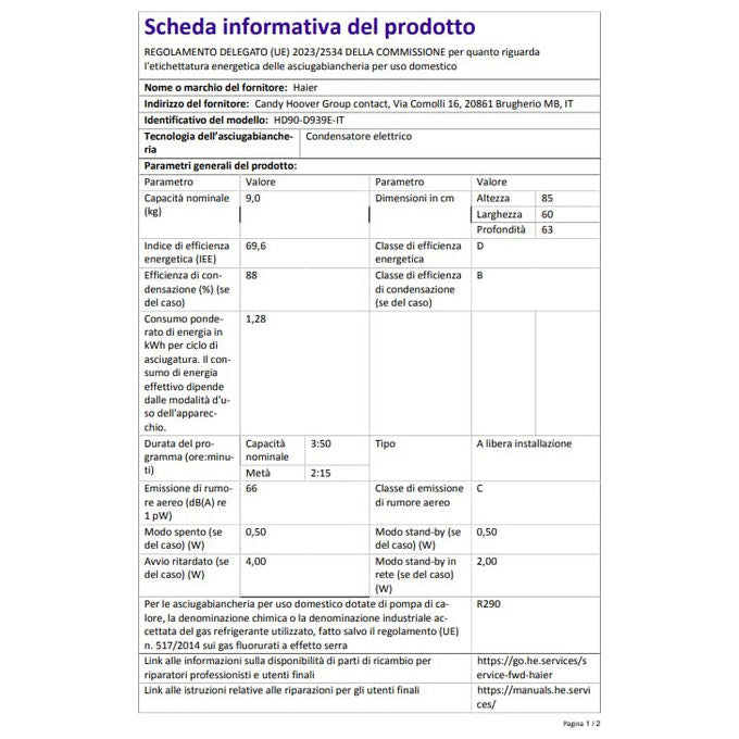 Haier HD90-D939-IT I-Pro Series 3 Asciugatrice Pompa di Calore 9 Kg Classe D I-Refresh Pro 64 dB IoT APP hON (85x60x62.5 cm) colore Bianco