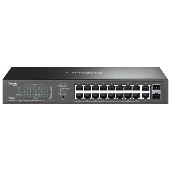 TP-Link Omada ES220GP switch gigabit easy managed 20 porte, 16 porte PoE+, 150 W, 2 slot SFP, rack mount, fanless