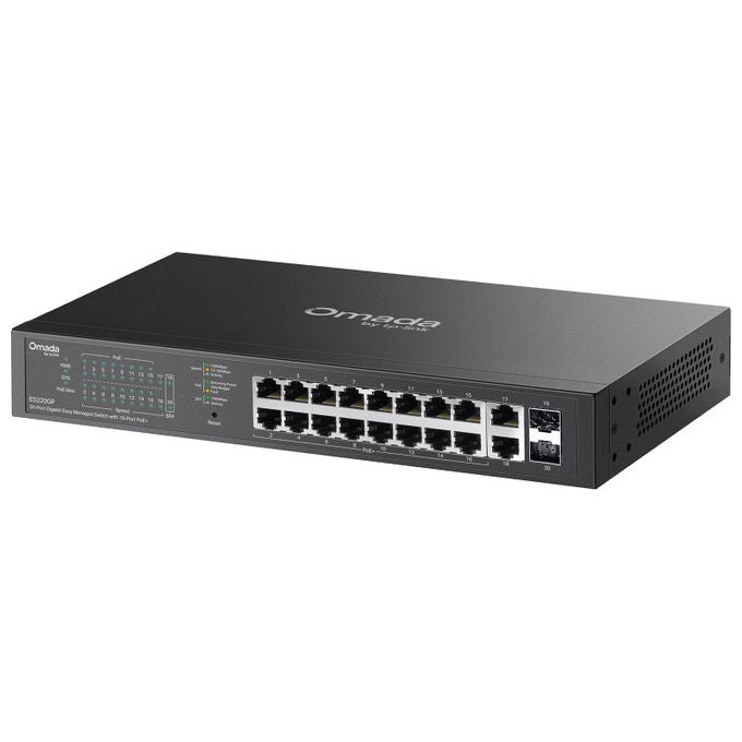 TP-Link Omada ES220GP switch gigabit easy managed 20 porte, 16 porte PoE+, 150 W, 2 slot SFP, rack mount, fanless