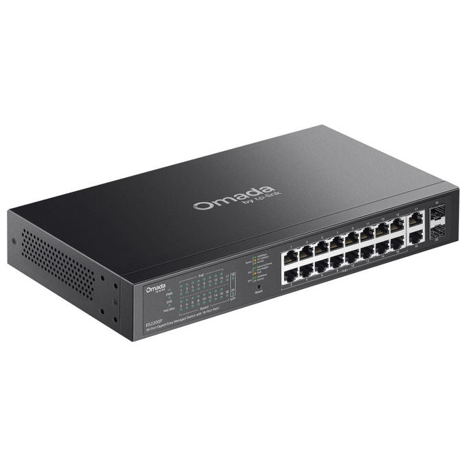 TP-Link Omada ES220GP switch gigabit easy managed 20 porte, 16 porte PoE+, 150 W, 2 slot SFP, rack mount, fanless