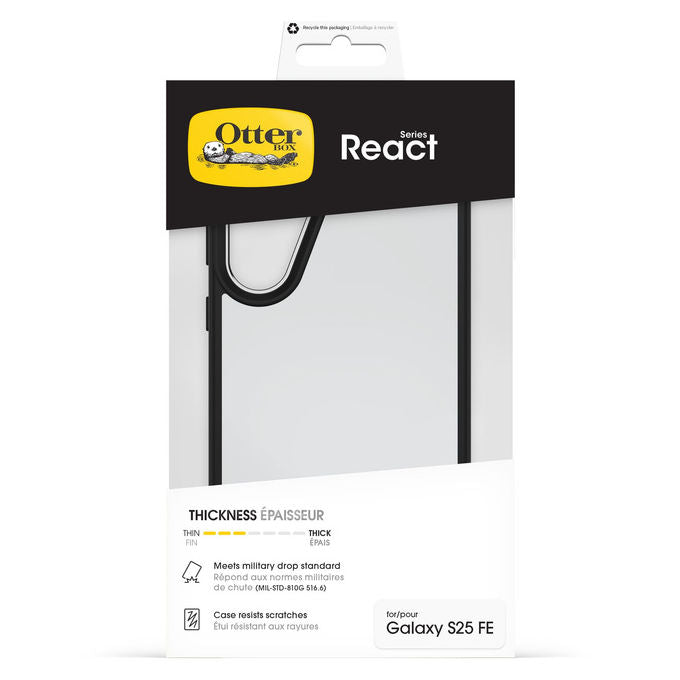 OtterBox custodia React Series per Samsung Galaxy S25 FE, ultrasottile, resistente, standard militare MIL-STD-810G, trasparente nero