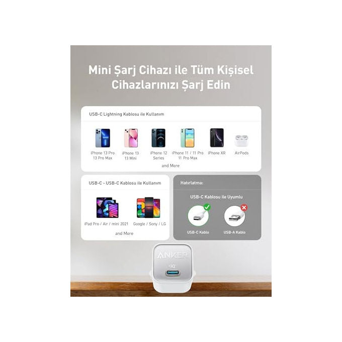 Anker 511 Nano 3 caricabatterie USB-C 30W, GaN, ricarica rapida, compatto, 1 porta, Bianco, compatibile smartphone tablet MacBook