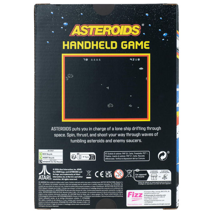 FIZZ Creations console portatile Asteroids schermo LCD a colori gioco arcade retro grafica originale effetti sonori