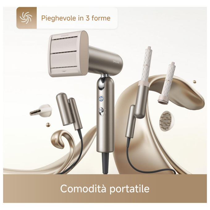 Dreame AHD51-PR-GL Pocket Pro Asciugacapelli 1300 W Pieghevole 110000 rpm Ioni Negativi 300 milioni colore Oro