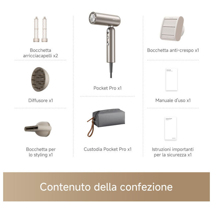 Dreame AHD51-PR-GL Pocket Pro Asciugacapelli 1300 W Pieghevole 110000 rpm Ioni Negativi 300 milioni colore Oro