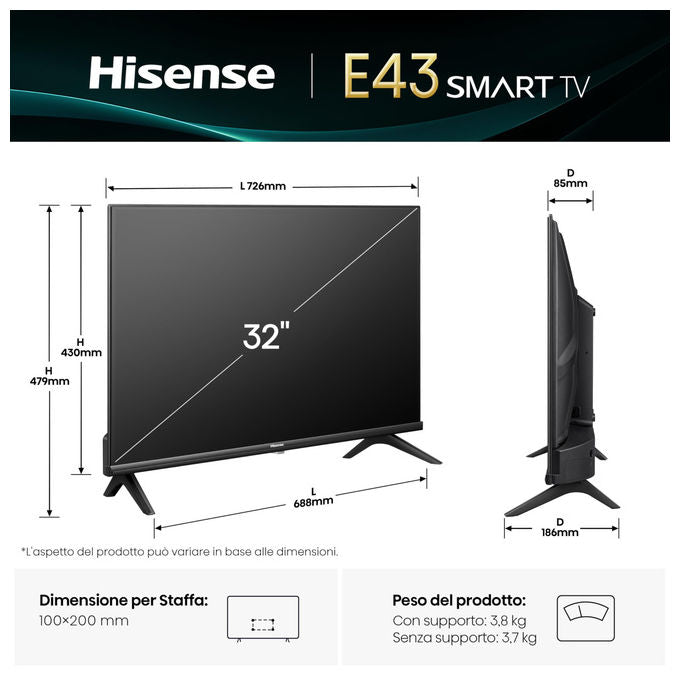 Hisense smart tv 32 pollici, 32E43QT, HD ready, LED, VIDAA U8, DVB-T2-S2, game mode, AirPlay 2, Wi-Fi, nero