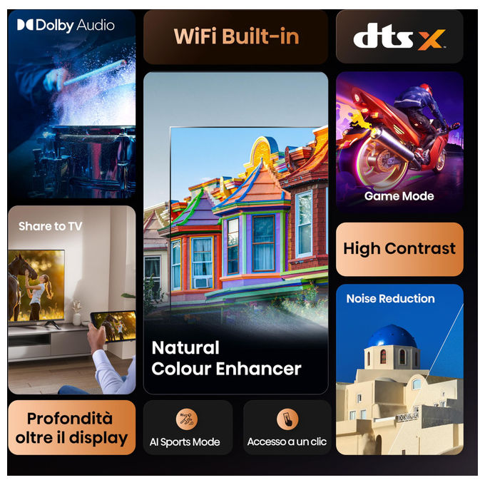 Hisense smart tv 32 pollici, 32E43QT, HD ready, LED, VIDAA U8, DVB-T2-S2, game mode, AirPlay 2, Wi-Fi, nero