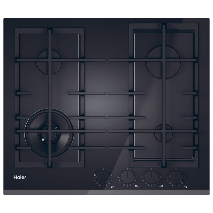 Haier piano cottura a gas da incasso, serie 4, HAVG6BF4TBPB, 4 fuochi, vetro temperato nero, 60 cm, griglie in ghisa