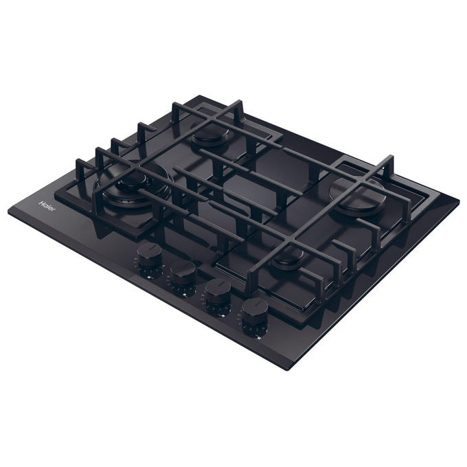 Haier piano cottura a gas da incasso, serie 4, HAVG6BF4TBPB, 4 fuochi, vetro temperato nero, 60 cm, griglie in ghisa