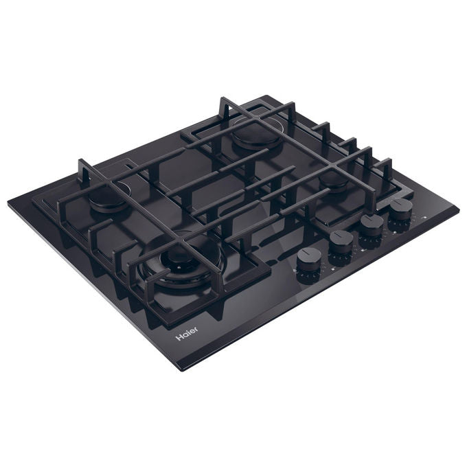 Haier piano cottura a gas da incasso, serie 4, HAVG6BF4TBPB, 4 fuochi, vetro temperato nero, 60 cm, griglie in ghisa
