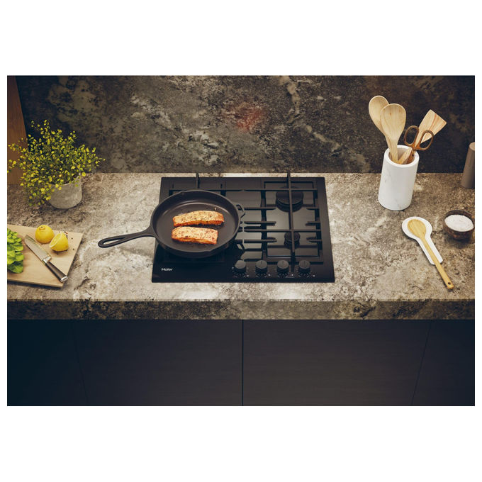 Haier piano cottura a gas da incasso, serie 4, HAVG6BF4TBPB, 4 fuochi, vetro temperato nero, 60 cm, griglie in ghisa