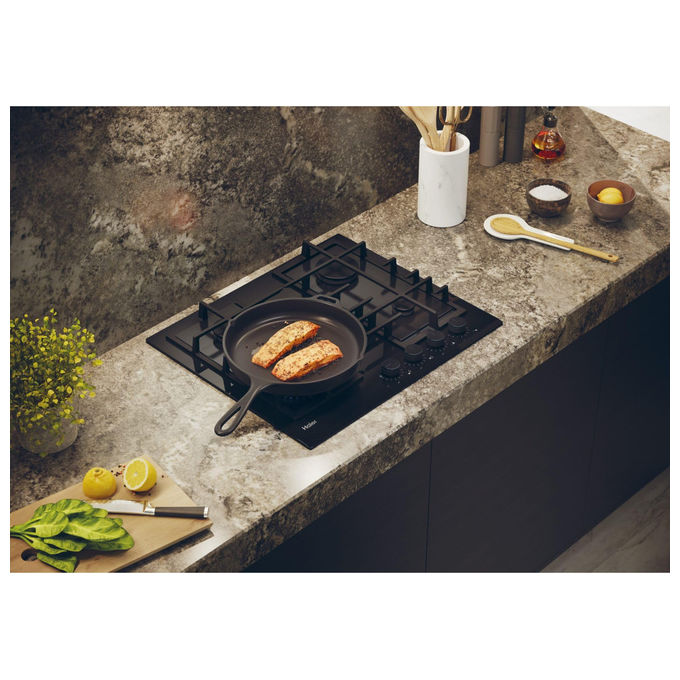 Haier piano cottura a gas da incasso, serie 4, HAVG6BF4TBPB, 4 fuochi, vetro temperato nero, 60 cm, griglie in ghisa