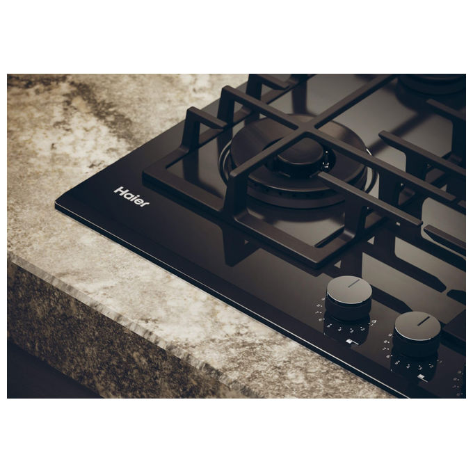 Haier piano cottura a gas da incasso, serie 4, HAVG6BF4TBPB, 4 fuochi, vetro temperato nero, 60 cm, griglie in ghisa