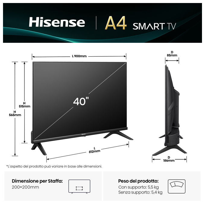 Hisense smart tv 40 pollici, Full HD, DLED, 40A4Q, VIDAA, Dolby Audio, Game Mode, Wi-Fi, DVB-T2, nero